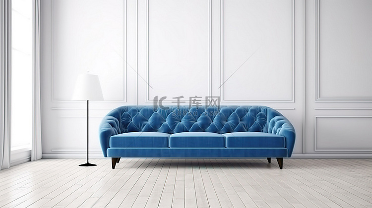 3d 客厅模板背景与蓝色沙发木