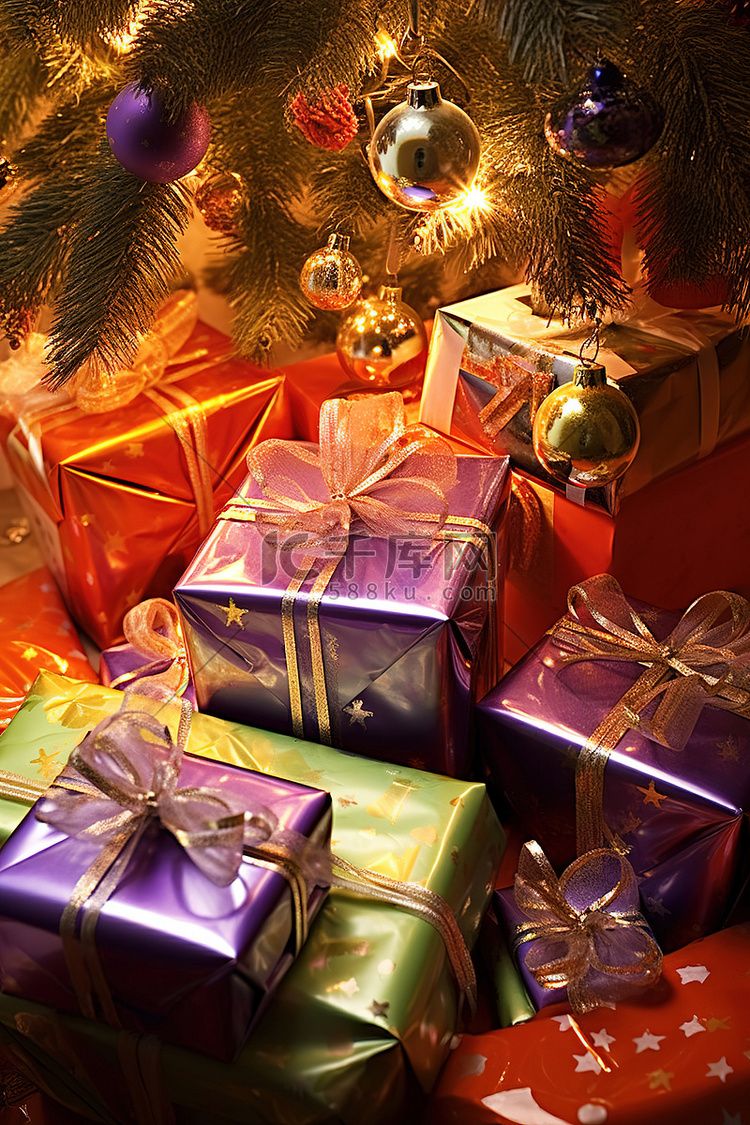 圣诞树下一堆银色和红色的礼物