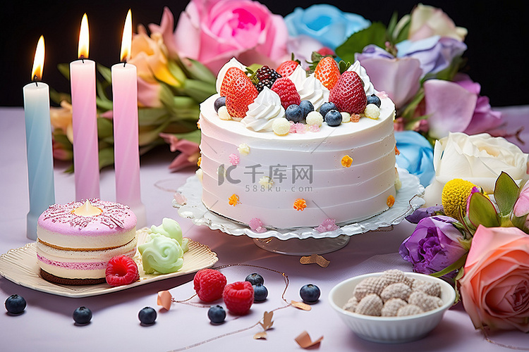 蛋糕和其他食品放在生日快乐卡旁