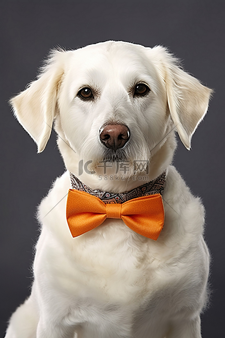 一只白狗在灰色西装前系着橙色领