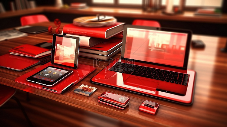 红色办公桌展示 3D 数字设备