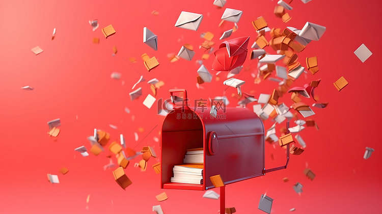 3d 渲染红色邮箱和飞行信封的