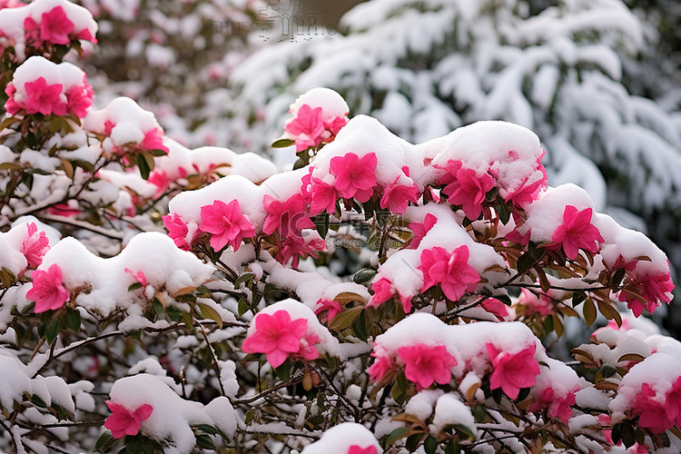 雪天灌木丛中雪中的粉红色花朵