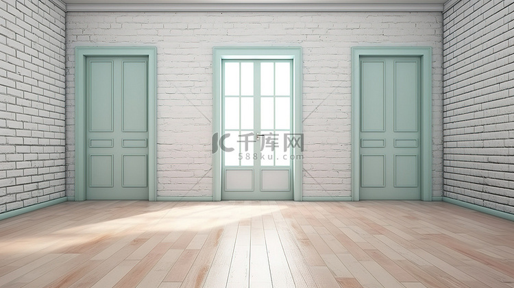当代阁楼木地板薄荷砖墙和白色门