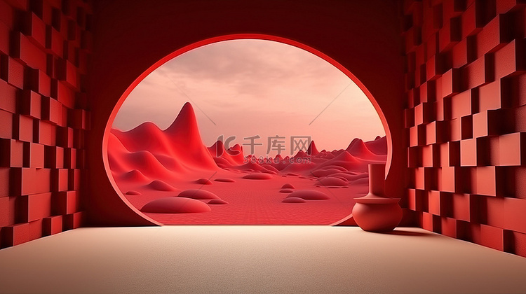 抽象红墙景观 3D 渲染概念背景