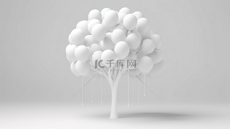 白色气球树概念的简约 3D 渲染