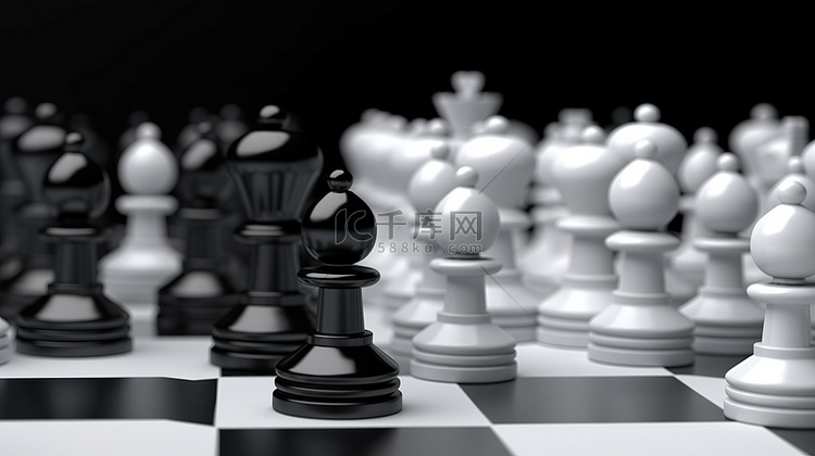 各种白色棋子中黑色国王的 3D