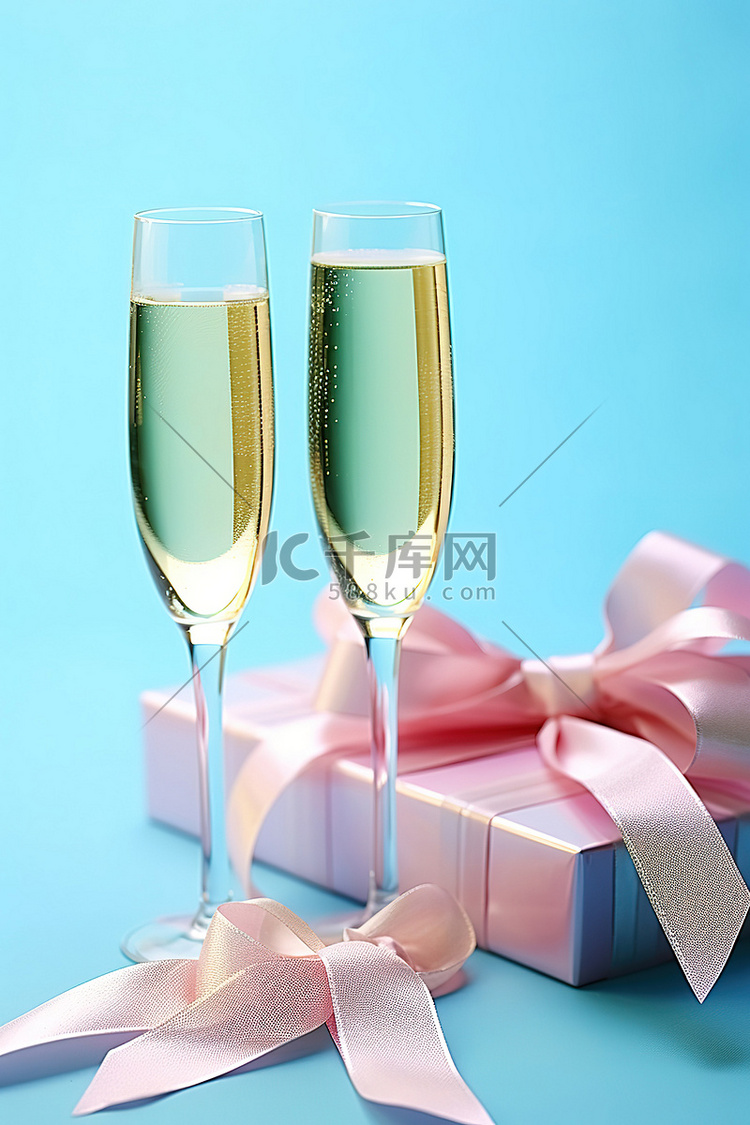 香槟笛子和粉红丝带前的圣诞贺卡