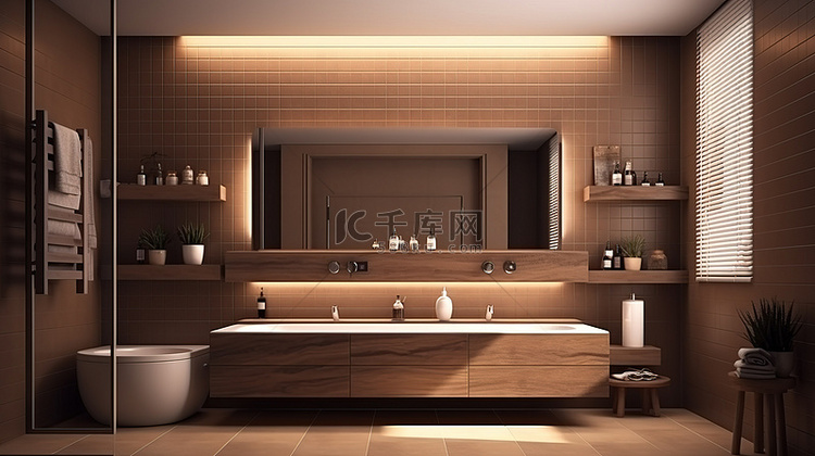 土褐色调的浴室的 3d 渲染