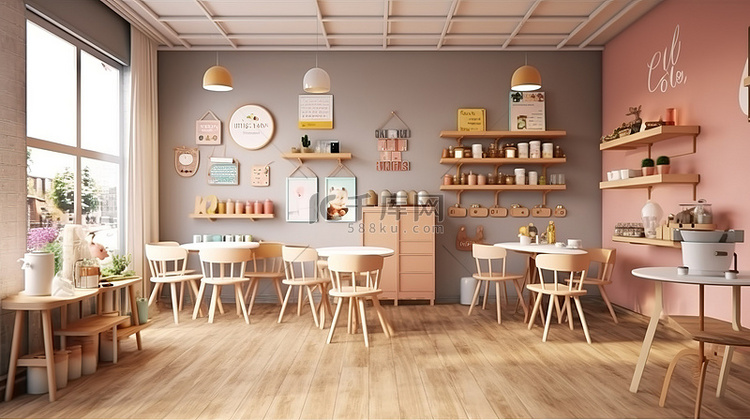 一家迷人的咖啡店的 3d 渲染