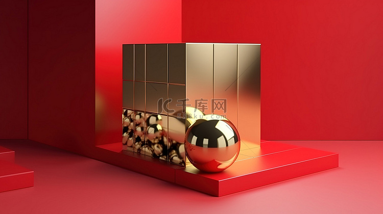 现代简约的金色和红色球立方体，
