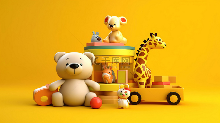 黄色背景3D玩具供儿童发育玩耍