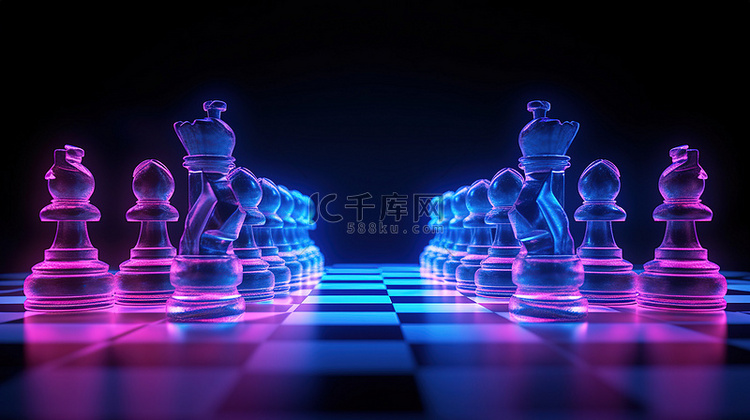 3D霓虹国际象棋人物在一场激烈