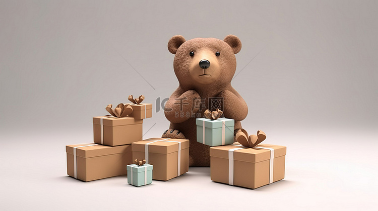 可爱的棕熊拿着 3D 渲染的礼品盒