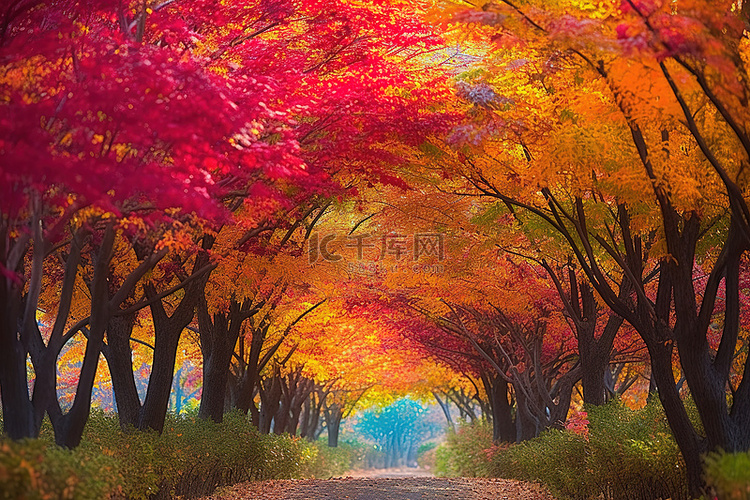 秋天的入口处种满了色彩缤纷的树