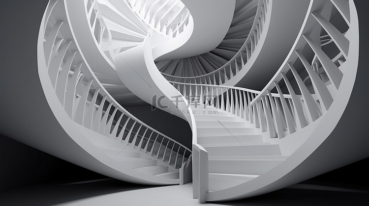 白色螺旋楼梯与 3D 渲染中的