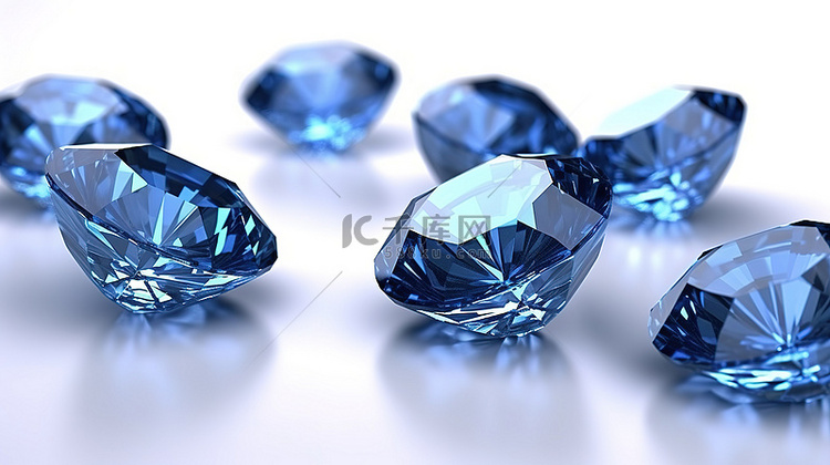 白色背景凸显 3D 蓝色钻石宝