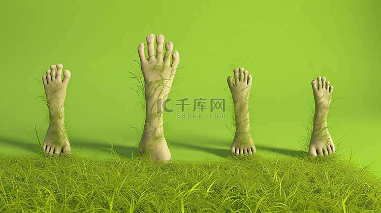 3D 渲染中描绘的赤脚儿童的草