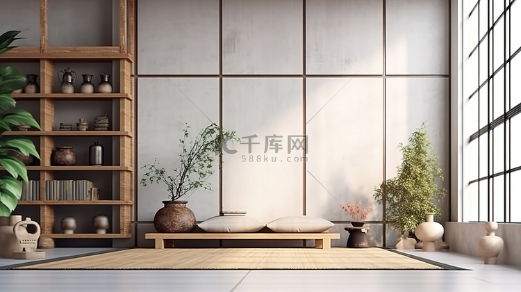 日本风格的时髦室内模拟 3D 渲染