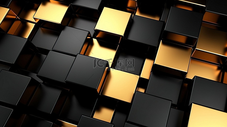 黑色和金色几何表面的 3D 渲染