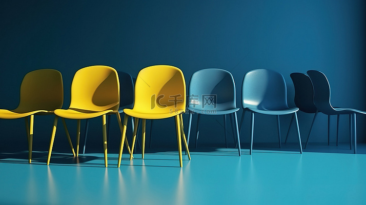 蓝色背景与黄色椅子在 3D 渲