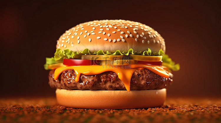 美味快餐汉堡配肉排的 3D 插图