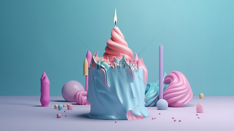 3d 渲染中的柔和生日蛋糕派对