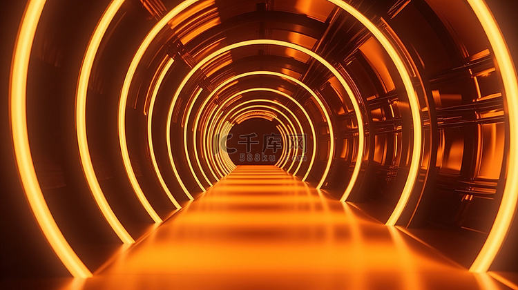 橙色发光霓虹灯隧道的复古未来派