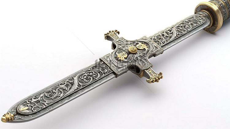 白色背景下的 3D 中世纪剑渲染