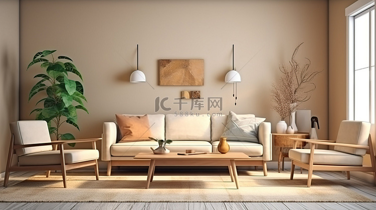 优雅的家居室内木制家具和客厅美