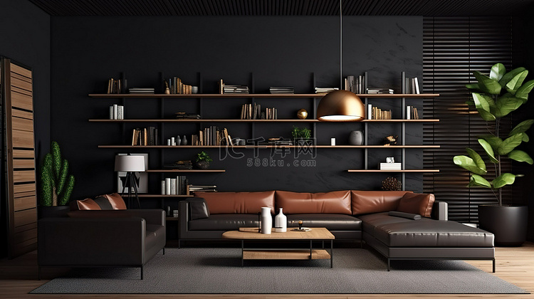 棕色皮革和木质家具的客厅，黑色