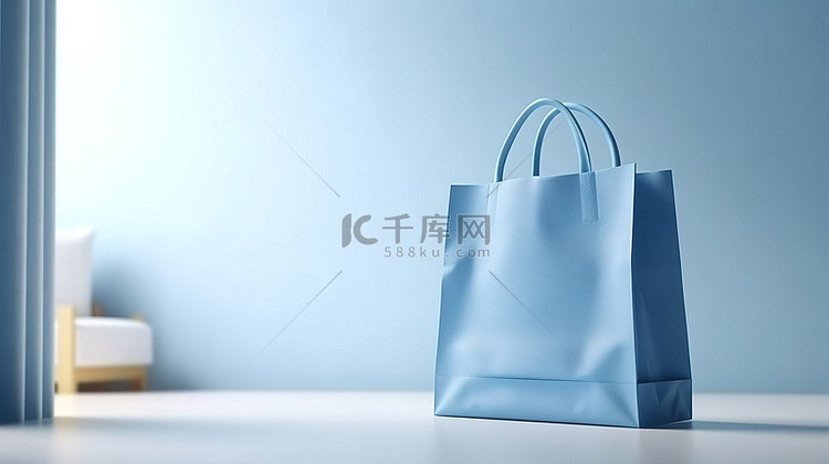 明亮背景上的空白蓝色购物袋，带