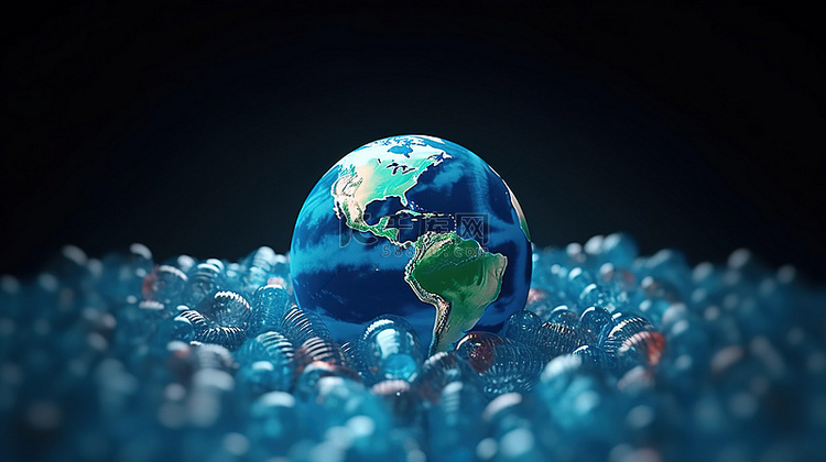 全球塑料污染 3D 渲染地球与