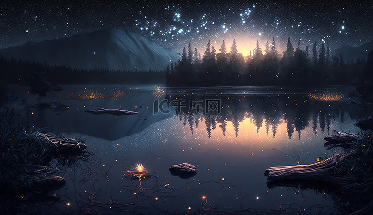 夏夜星空湖面背景