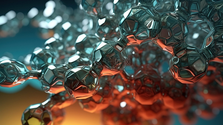 三维玻璃结构与分子概念的特写图