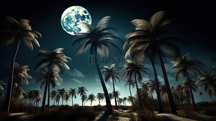 发光的满月和 3d 棕榈树