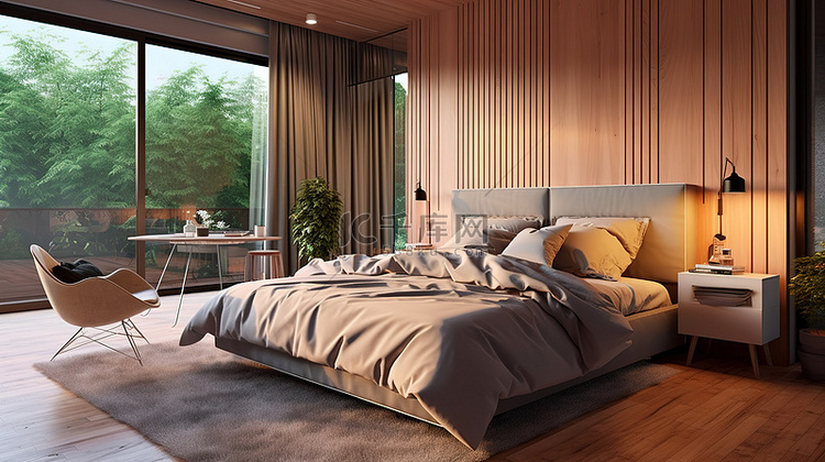 现代房屋 3D 渲染与舒适的卧室
