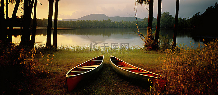 两艘独木舟停在湖边的草地上