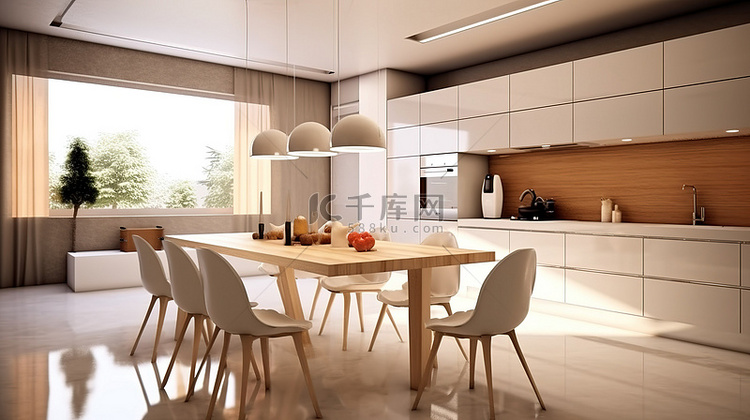 时尚厨房内部现代家具的 3D 渲染