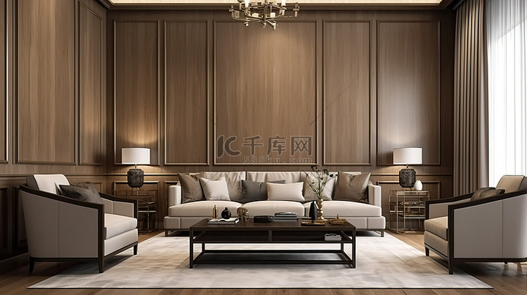 墙板装饰客厅与现代家具 3D 渲染