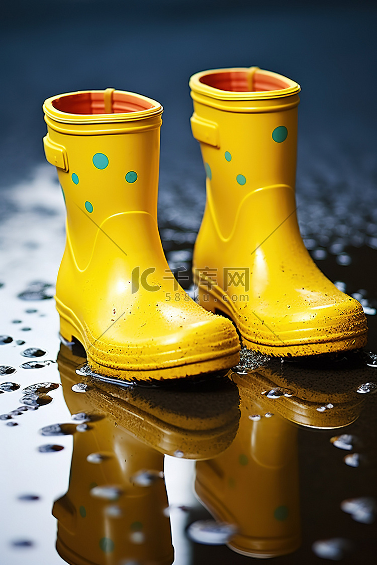 两只橡胶靴上溅满了雨水