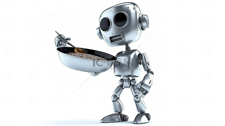 未来派厨师机器人，手持煎锅白色