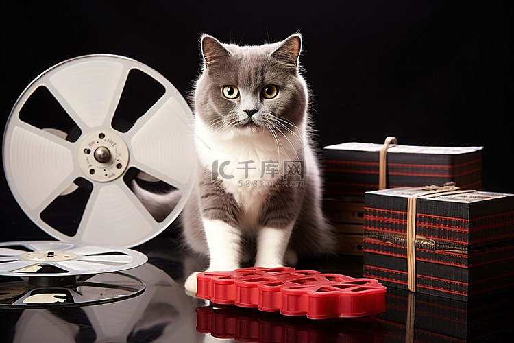 一只猫在一组胶片卷轴和电影拍板