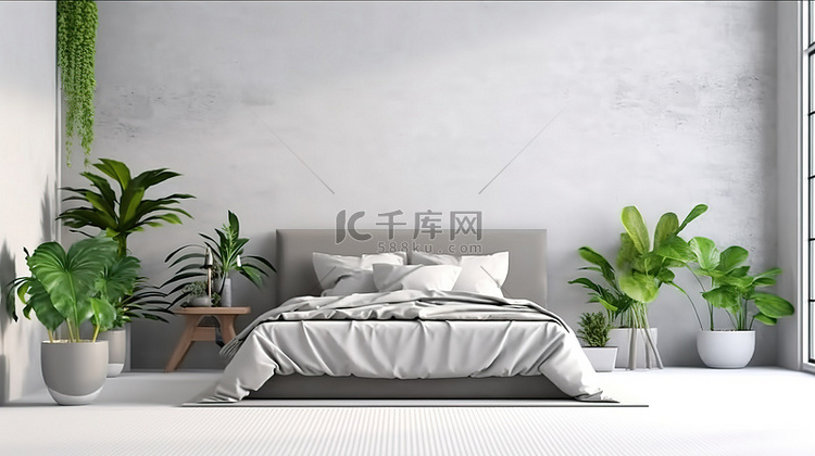 未整理的床和绿色植物装饰的卧室