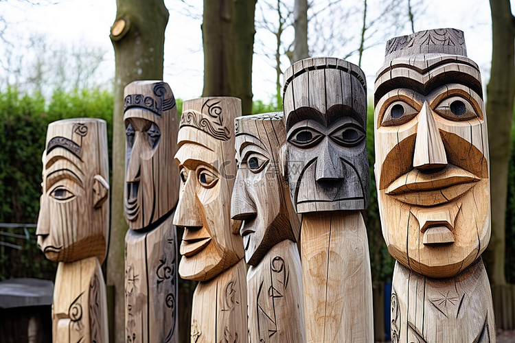 几个带有面孔的木制雕像标志
