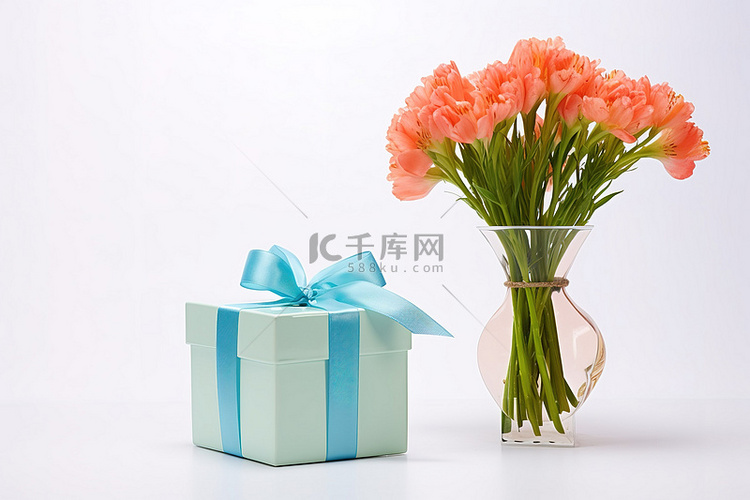 礼物旁边有一瓶粉红色的花和蓝色