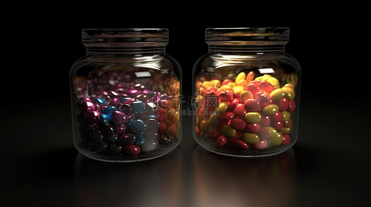 两个玻璃罐在 3d 渲染中溢出
