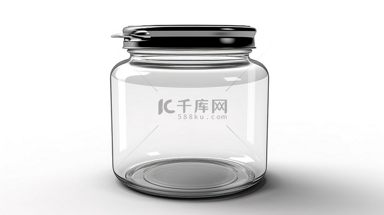 白色背景下透明玻璃罐的 3D 渲染