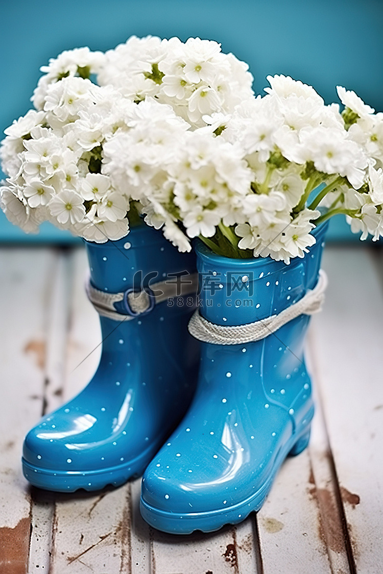 两只蓝色靴子，里面有白花