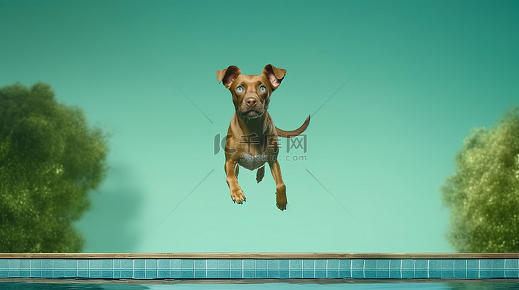 一只棕色狗跳进充满活力的绿色水
